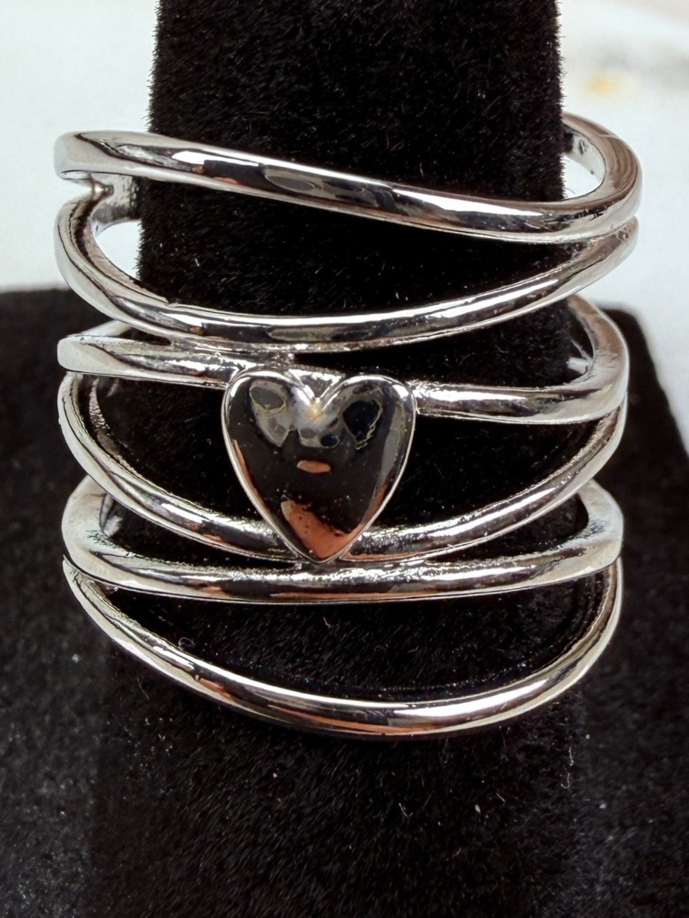 Pretty Silvertone wire wrapped heart shape, wide band ring